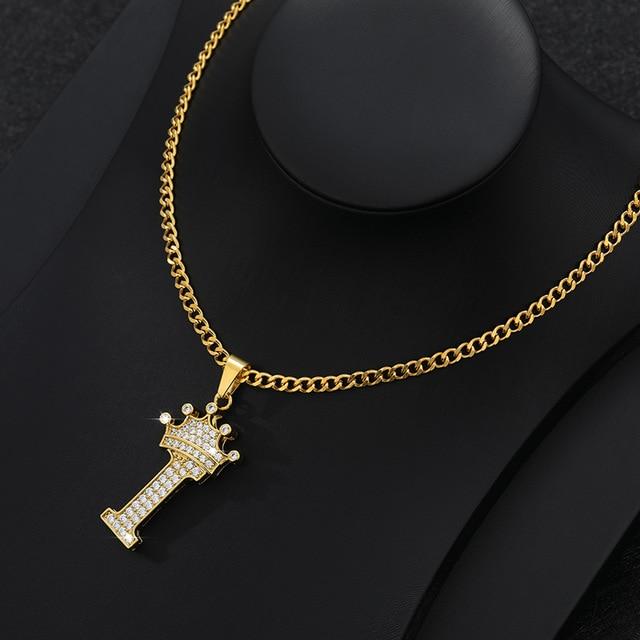 CZ Crown Initial Pendant Necklace - Hautefull