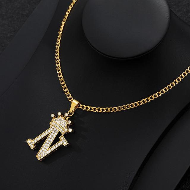 CZ Crown Initial Pendant Necklace - Hautefull