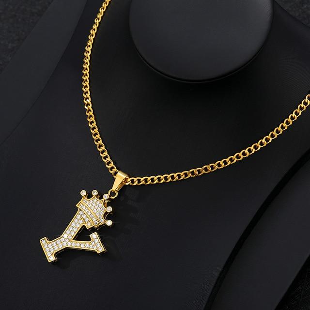 CZ Crown Initial Pendant Necklace - Hautefull