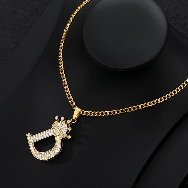 CZ Crown Initial Pendant Necklace - Hautefull