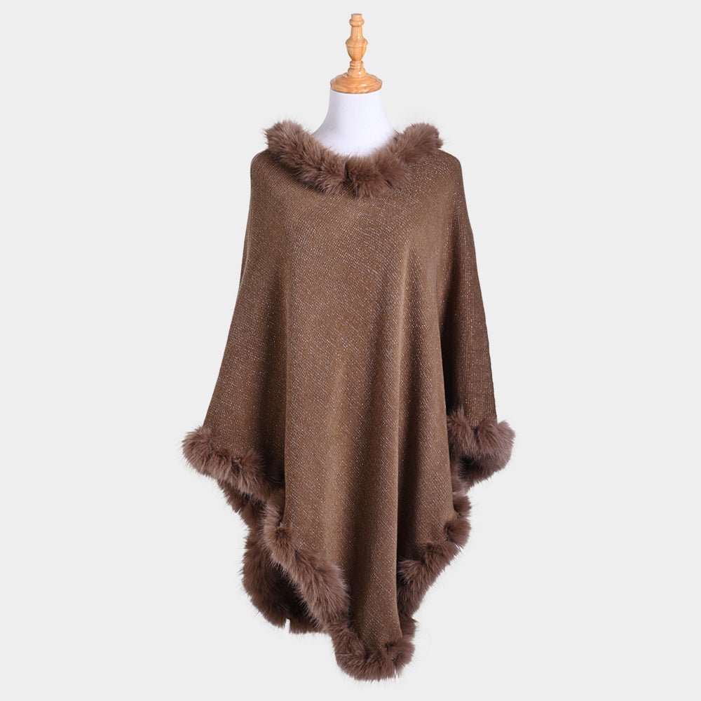 Faux Fur Accented Solid Poncho - Hautefull