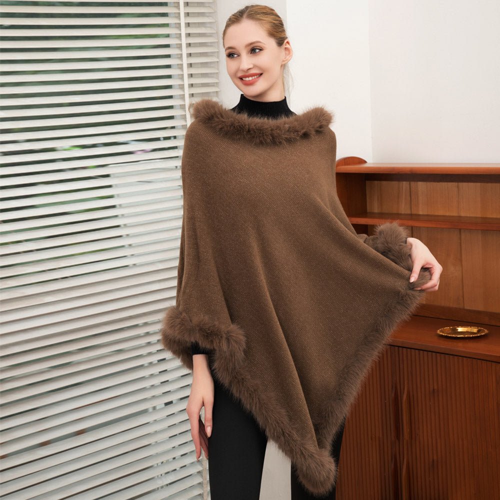 Faux Fur Accented Solid Poncho - Hautefull
