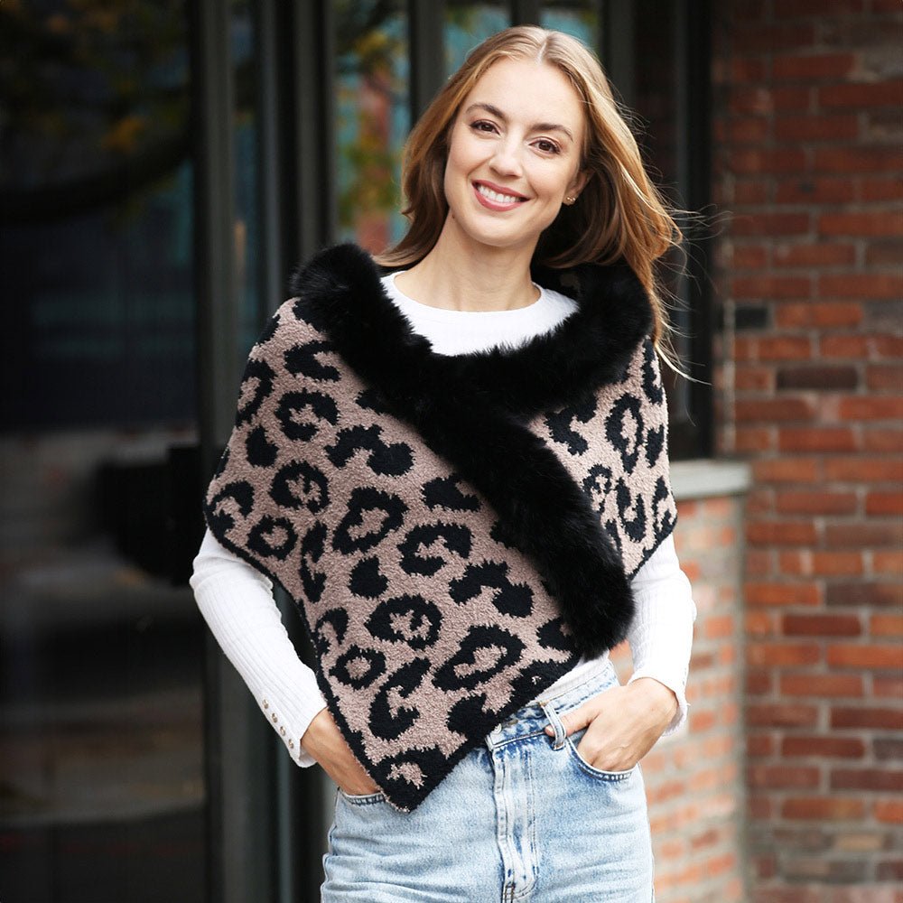 Faux Fur Animal Print Shawl Poncho - Hautefull