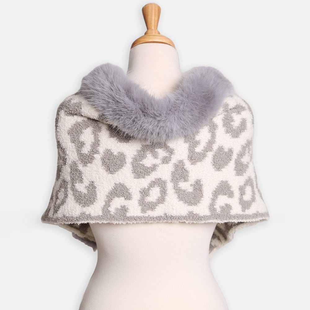 Faux Fur Animal Print Shawl Poncho - Hautefull