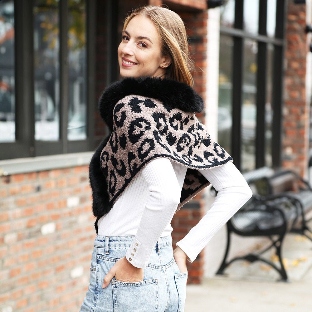 Faux Fur Animal Print Shawl Poncho - Hautefull