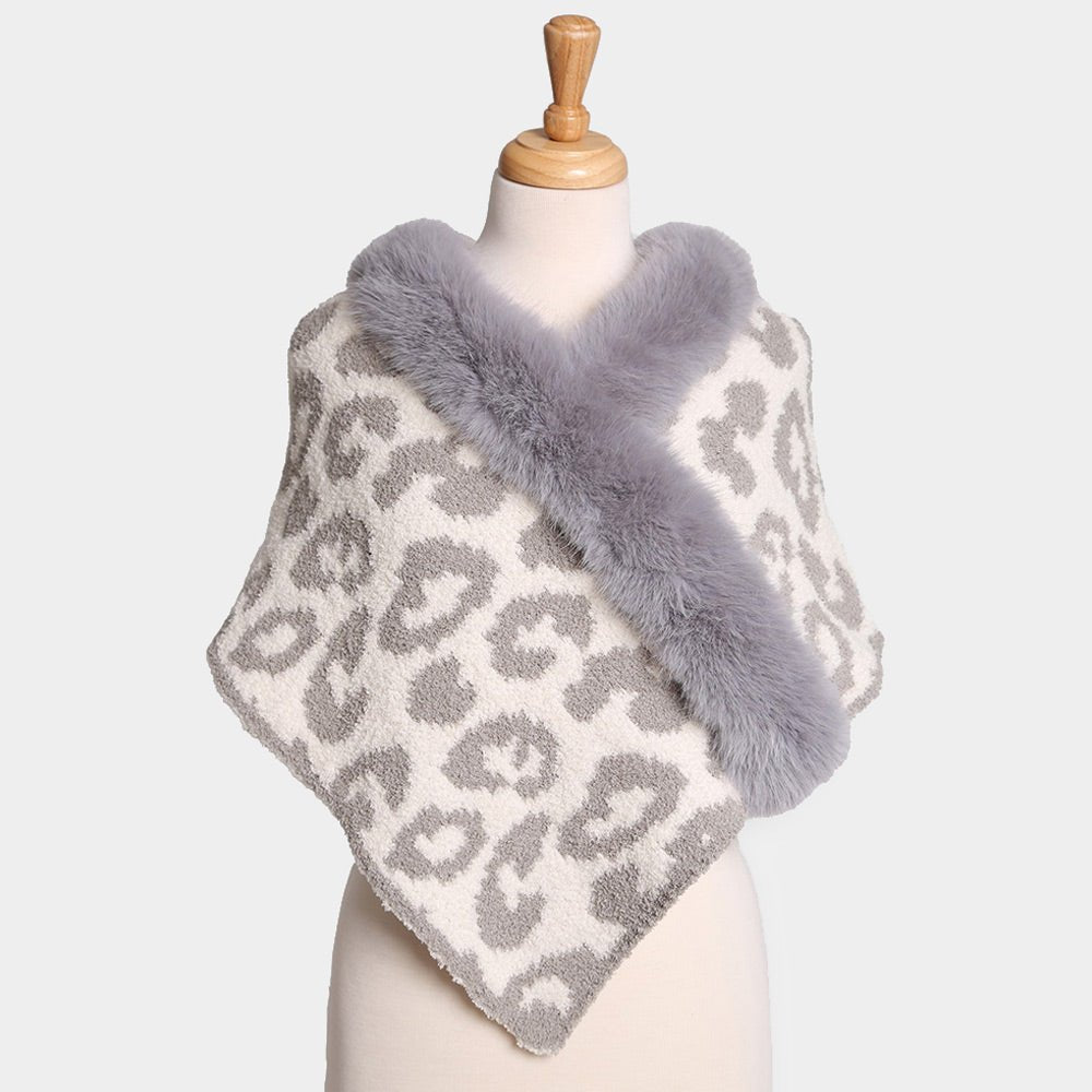 Faux Fur Animal Print Shawl Poncho - Hautefull