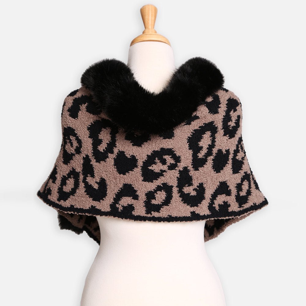 Faux Fur Animal Print Shawl Poncho - Hautefull