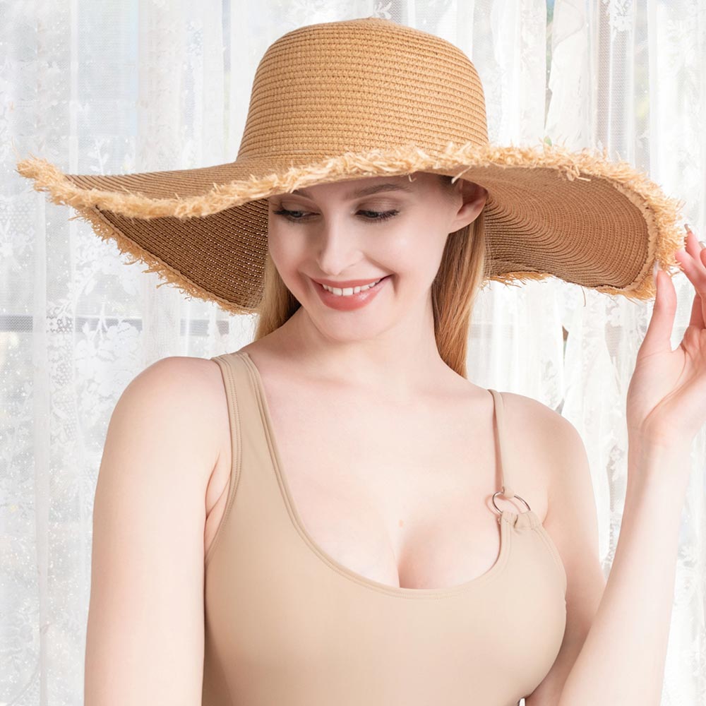 Frayed Straw Floppy Sun Hat for Women - Hautefull