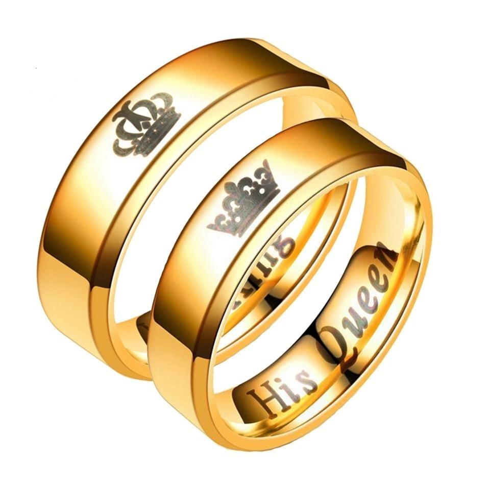 His Queen Her King Crown Imprint Couple Rings Bands - Hautefull