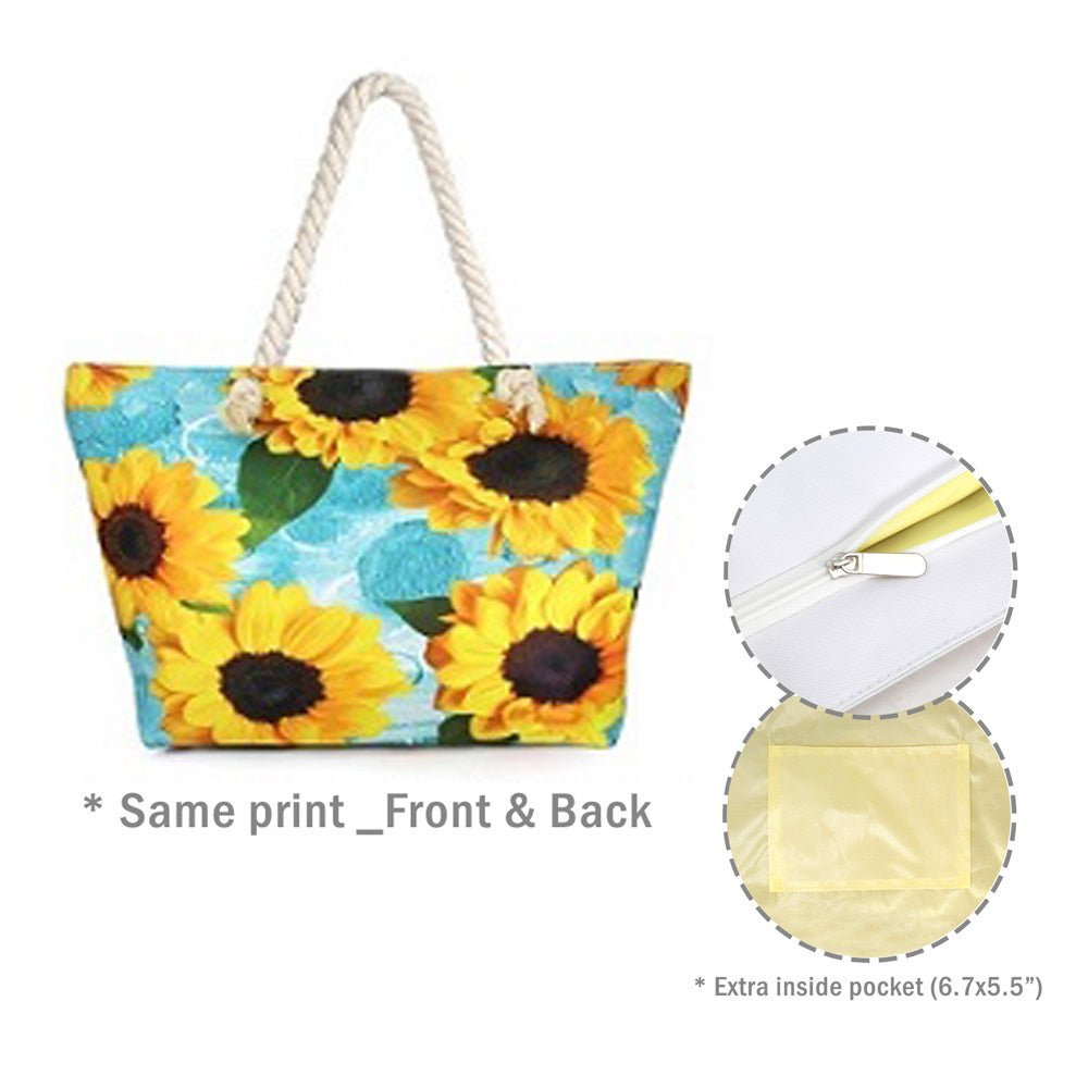 Large Sun Flower Print Beach Tote Bag - Hautefull