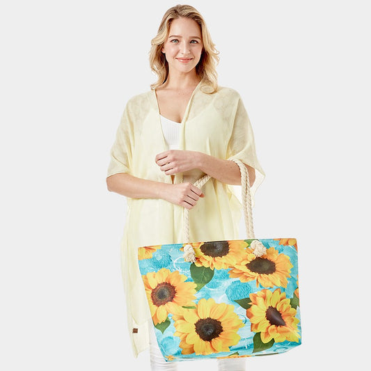 Large Sun Flower Print Beach Tote Bag - Hautefull