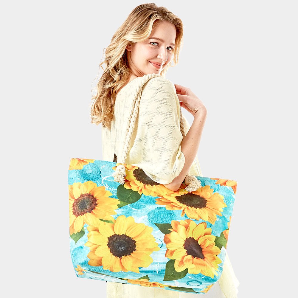 Large Sun Flower Print Beach Tote Bag - Hautefull