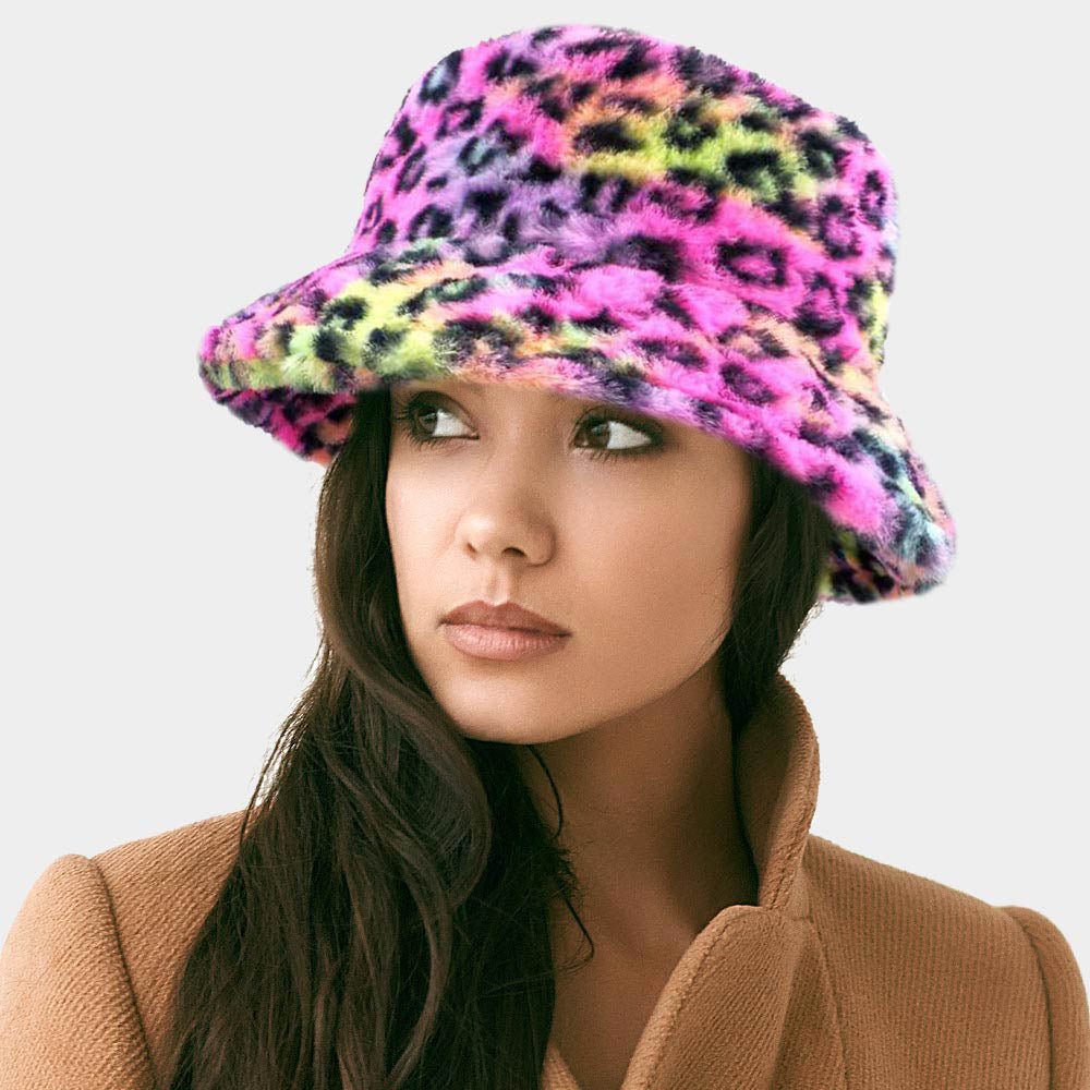 Leopard Print Faux Fur Bucket Hat - Hautefull