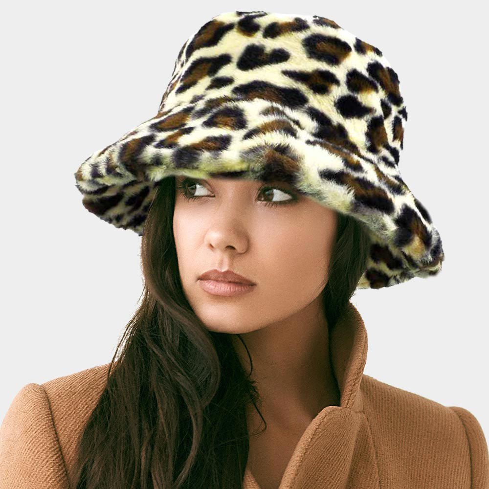 Leopard Print Faux Fur Bucket Hat - Hautefull