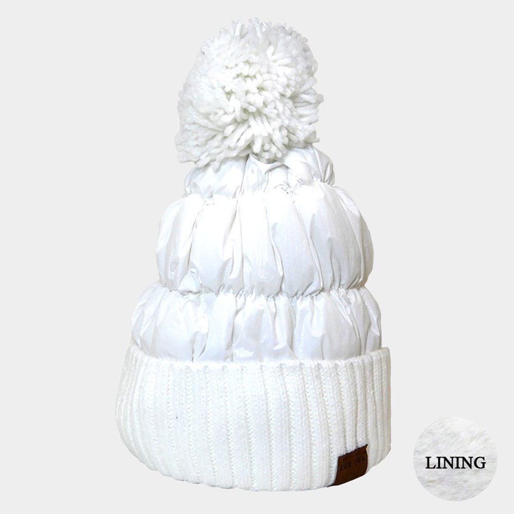 Metallic Fleece-Lined Knit Pom Pom Beanie - Hautefull