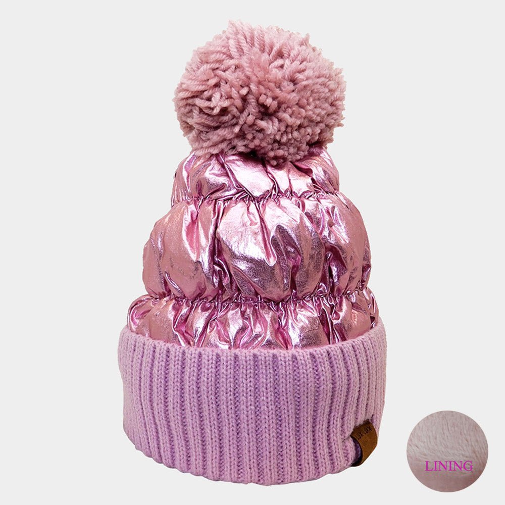 Metallic Fleece-Lined Knit Pom Pom Beanie - Hautefull