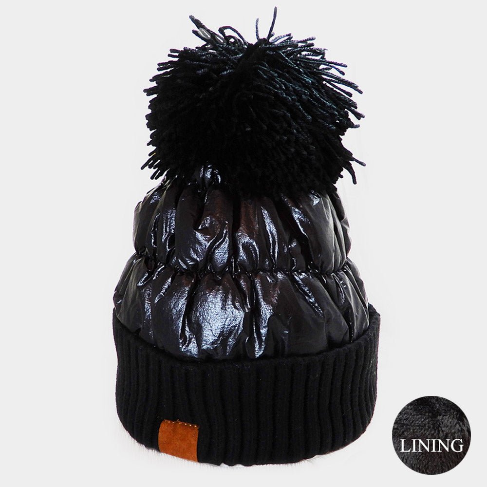 Metallic Fleece-Lined Knit Pom Pom Beanie - Hautefull