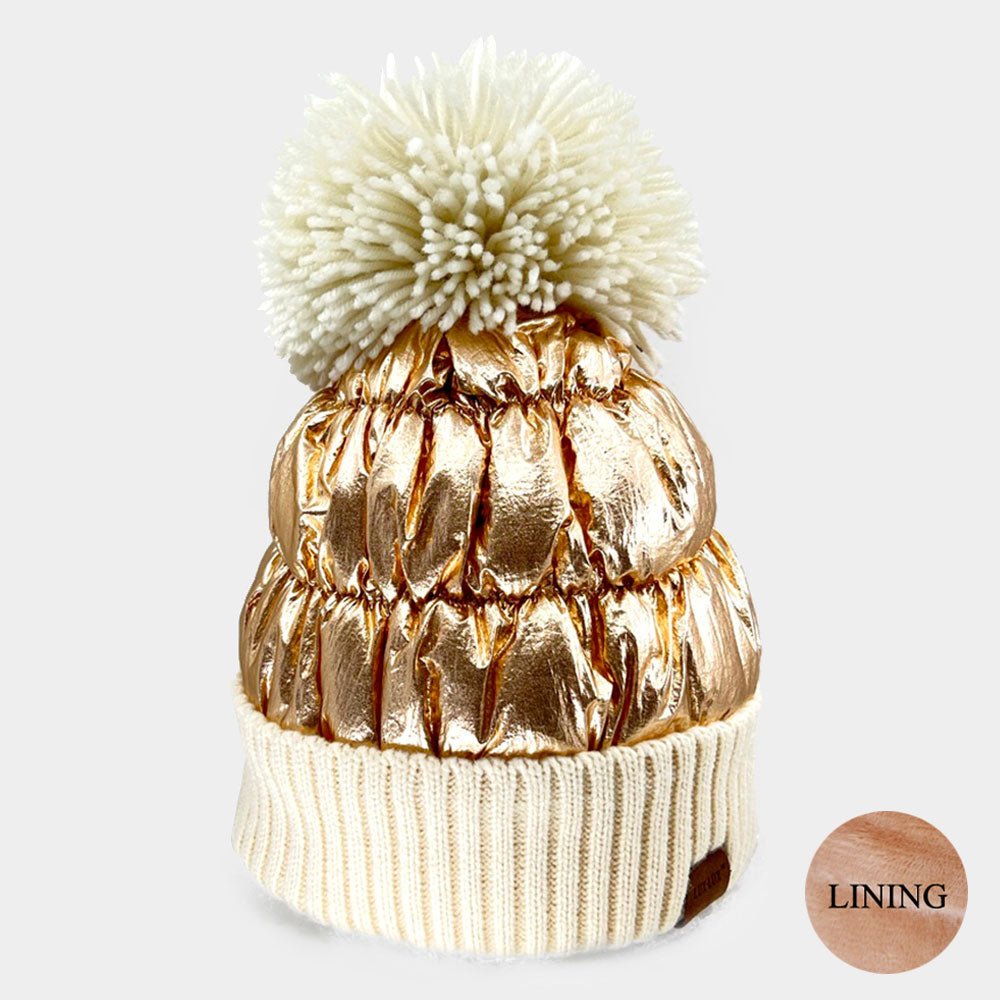 Metallic Fleece-Lined Knit Pom Pom Beanie - Hautefull