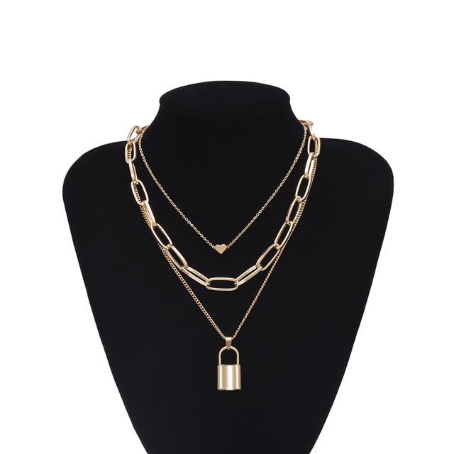 Multi Layered Bold Padlock Necklace - Hautefull