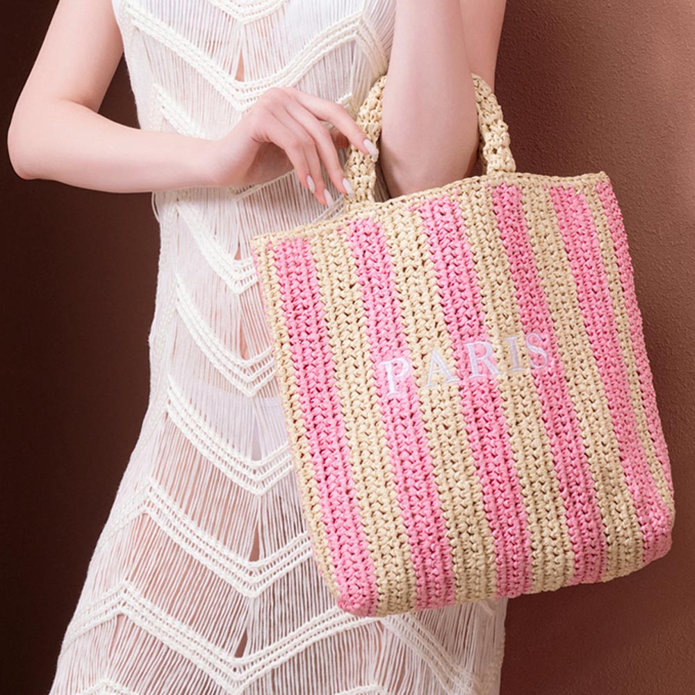 "Paris" Color Block Straw Tote Bag - Hautefull