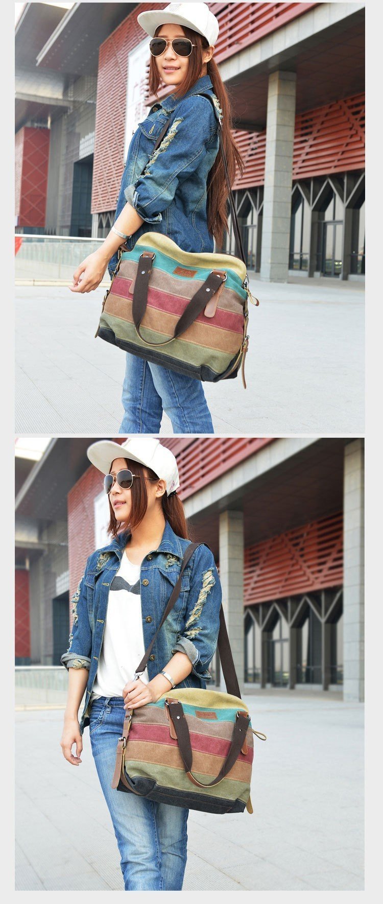 Shoulder Bag Striped Canvas Tote Bag - Hautefull