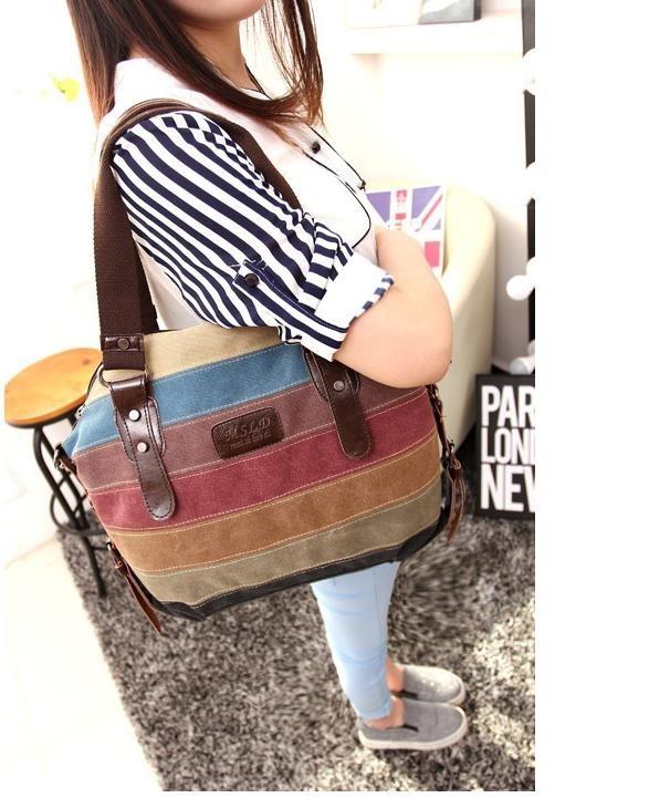 Shoulder Bag Striped Canvas Tote Bag - Hautefull