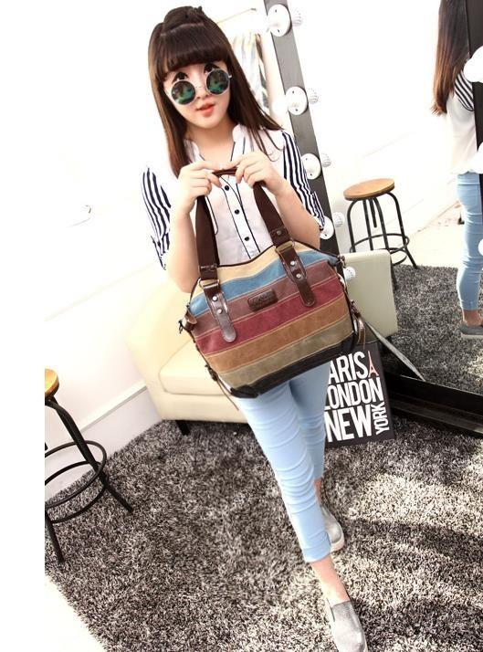 Shoulder Bag Striped Canvas Tote Bag - Hautefull