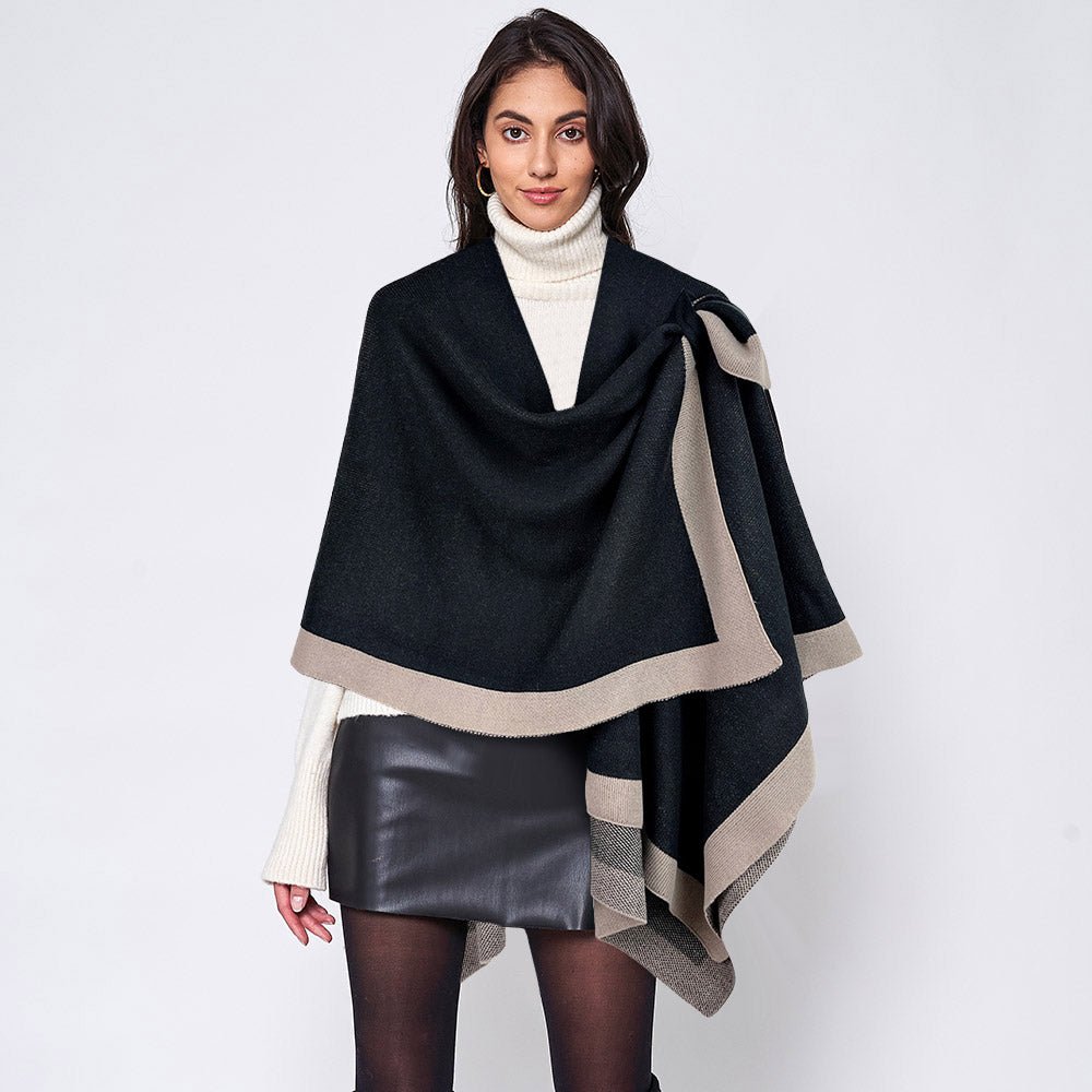 Shoulder Pinned Trimmed Ruana Poncho - Hautefull