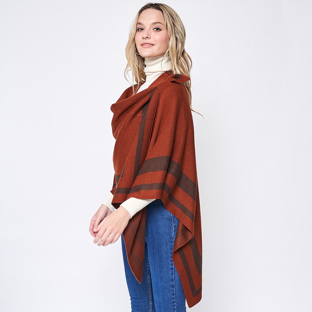 Shoulder Pinned Trimmed Ruana Poncho - Hautefull